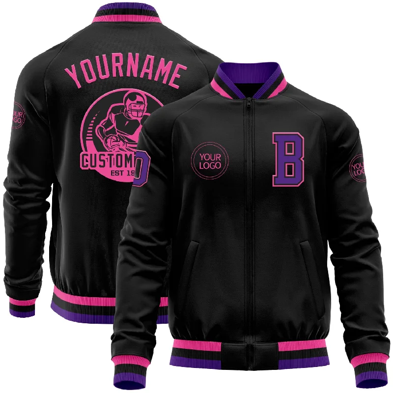 Fishing tackle compact rack-Custom Black Purple-Pink Bomber Varsity Letterman Zipper Jacket