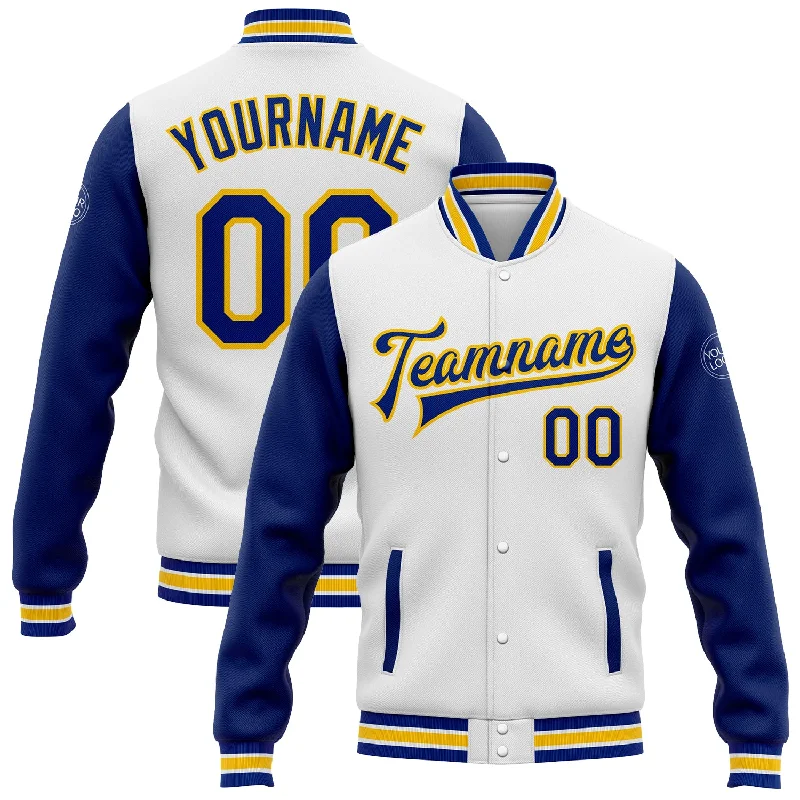 Fishing bait slicing holder-Custom White Royal-Yellow Bomber Full-Snap Varsity Letterman Two Tone Jacket